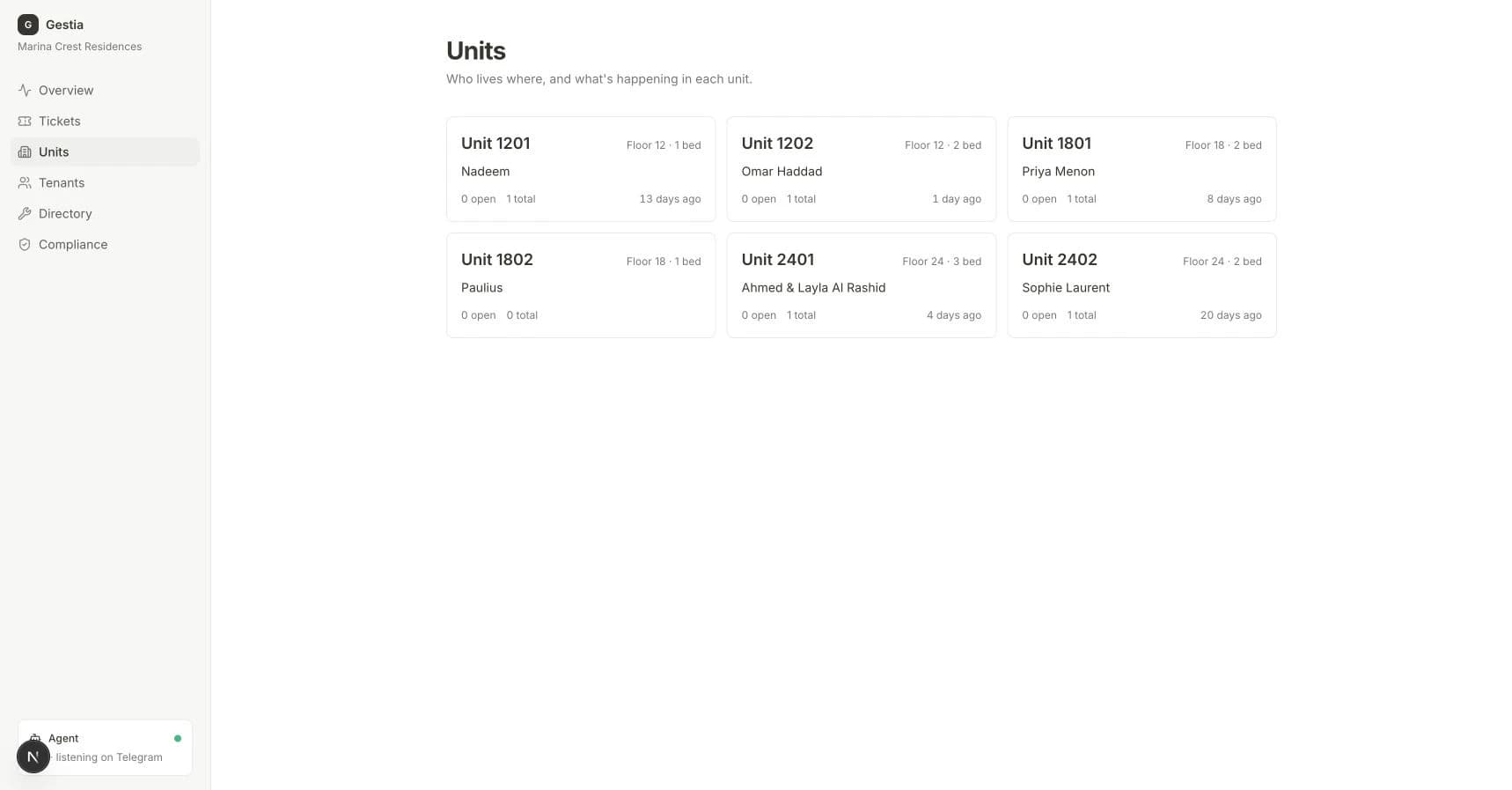 Gestia units dashboard showing the demo portfolio and connected property records